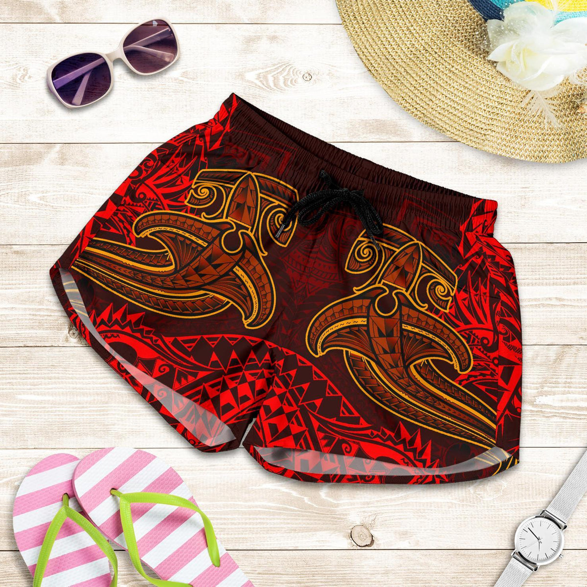 Polynesian Women's Shorts - Red Shark Polynesian Tattoo Women Red - Polynesian Pride