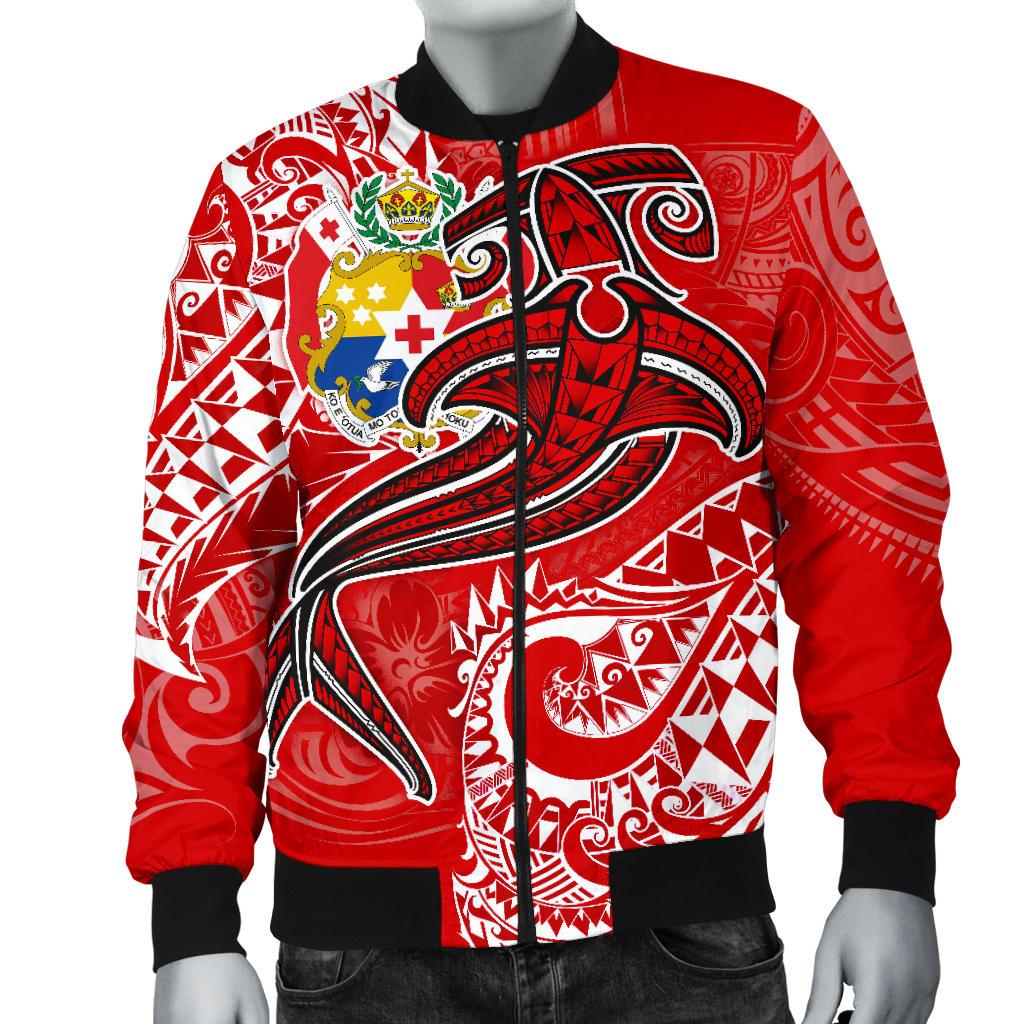 Tonga Men's Bomber Jacket - Red Shark Polynesian Tattoo - Polynesian Pride