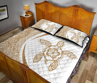 Hawaiian Polynesian Turtle Quilt Bed Set - Circle Style Gold And White - Polynesian Pride