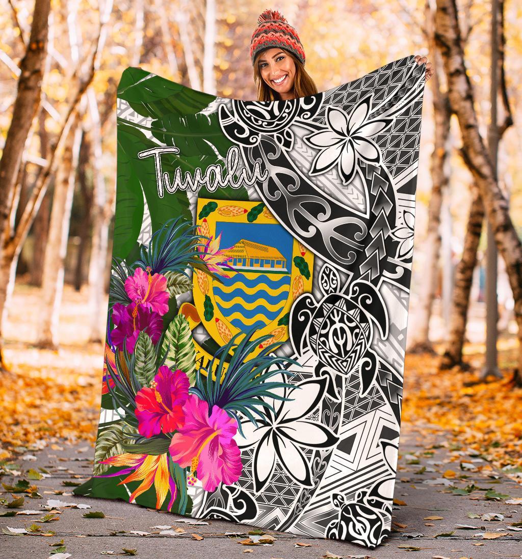 Tuvalu Premium Blanket White - Turtle Plumeria Banana Leaf - Polynesian Pride