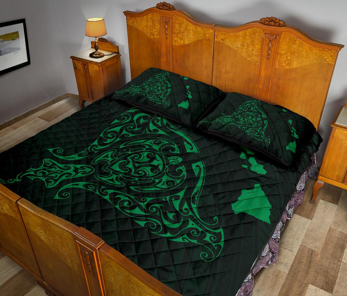 Rays Hawaii Map Polynesian Quilt Bed Set - Green - Polynesian Pride