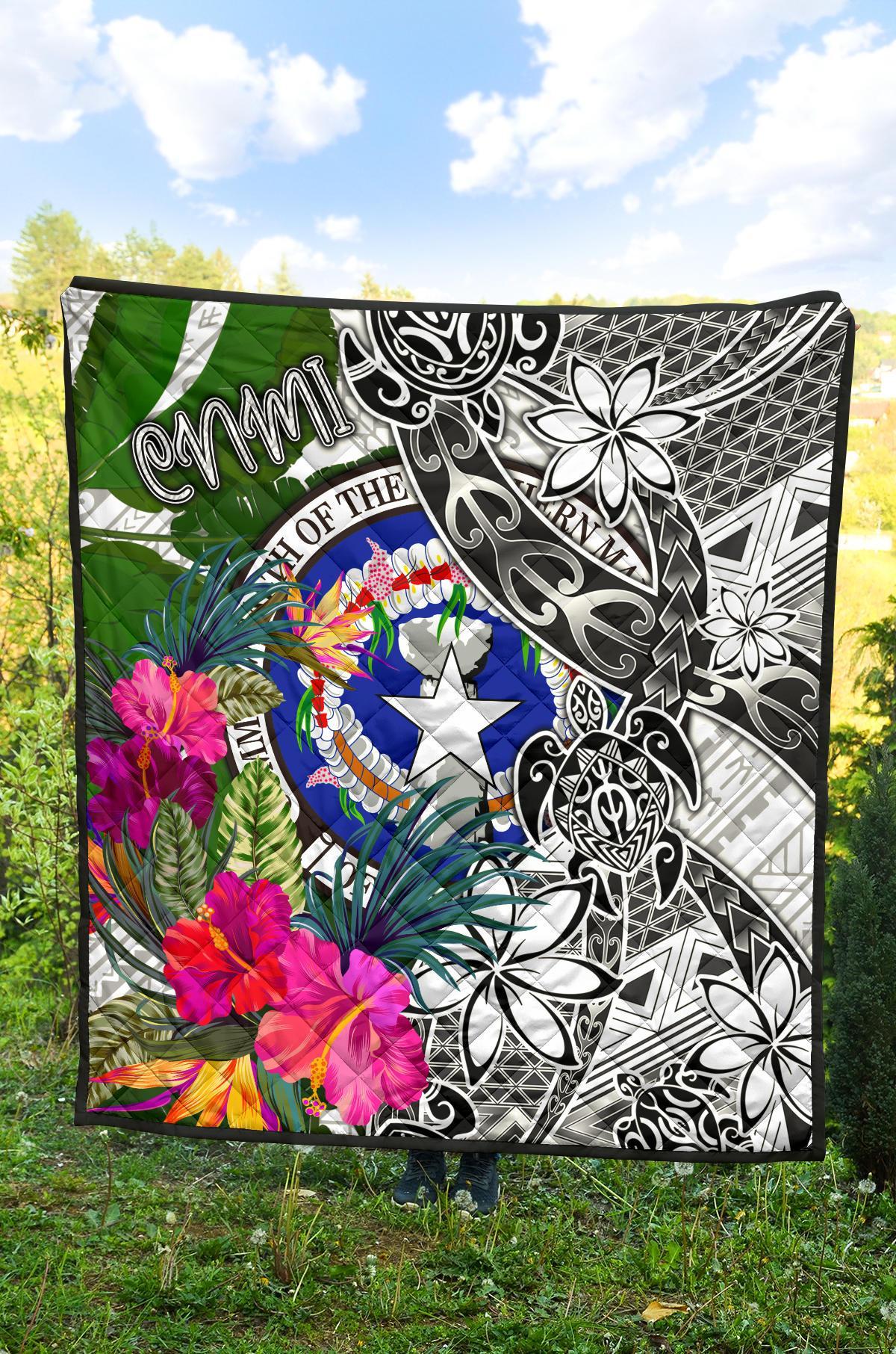 Northern Mariana Islands Premium Quilt White - Turtle Plumeria Banana Leaf - Polynesian Pride