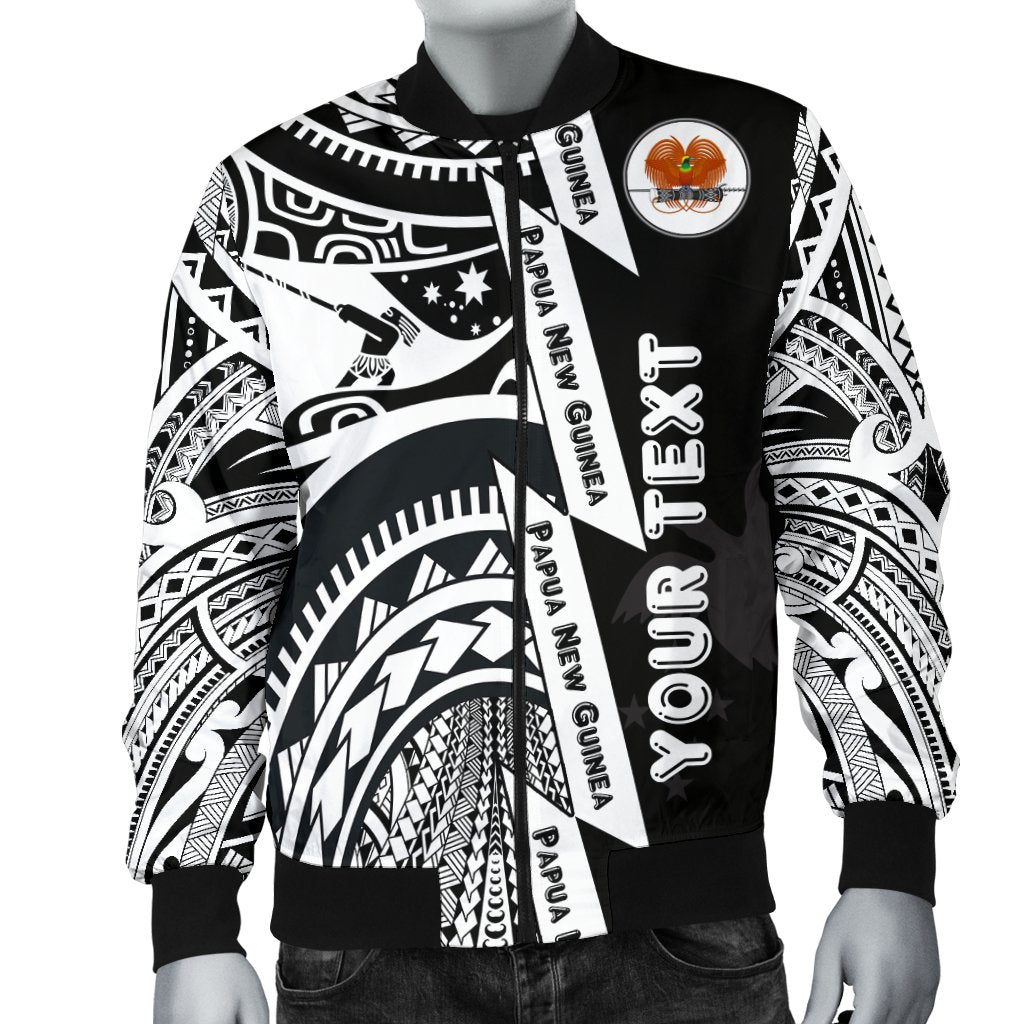 (Custom Personalised) Polynesian Guinea Men's Bomber Jacket - Moana Maui Tattoo With Coat Of Arm Guinea White Black - Polynesian Pride