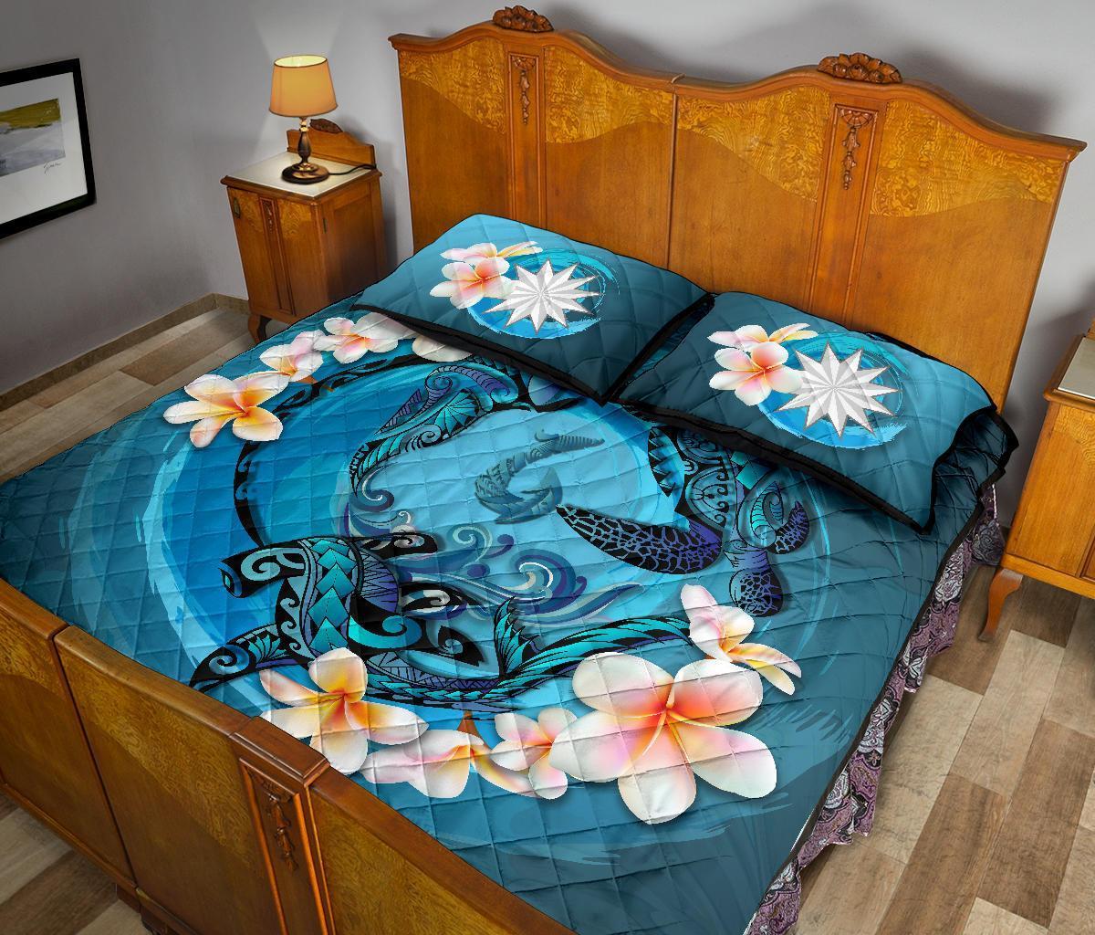 Nauru Polynesian Quilt Bed Set - Blue Plumeria Animal Tattoo - Polynesian Pride