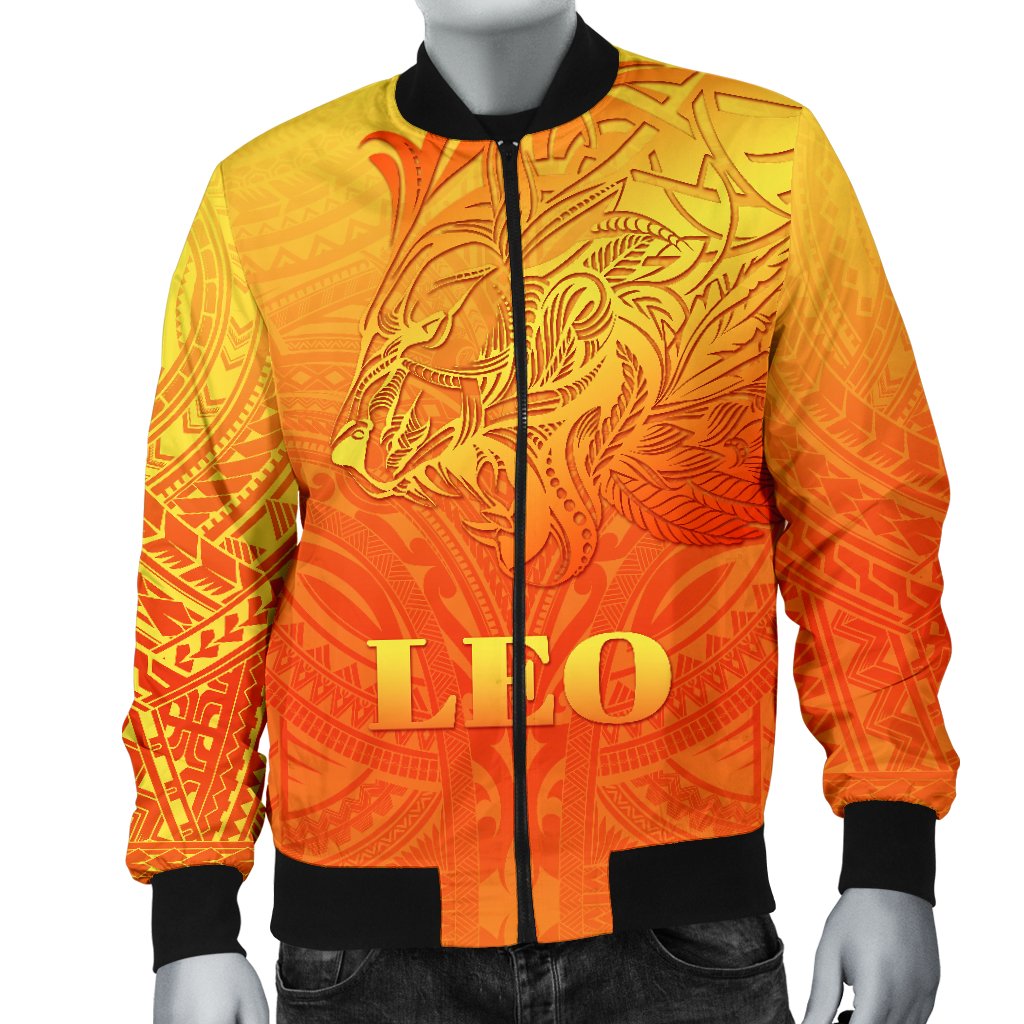 Sun In Leo Zodiac Men Bomber Jacket Polynesian Tattoo Simple - Orange - Polynesian Pride