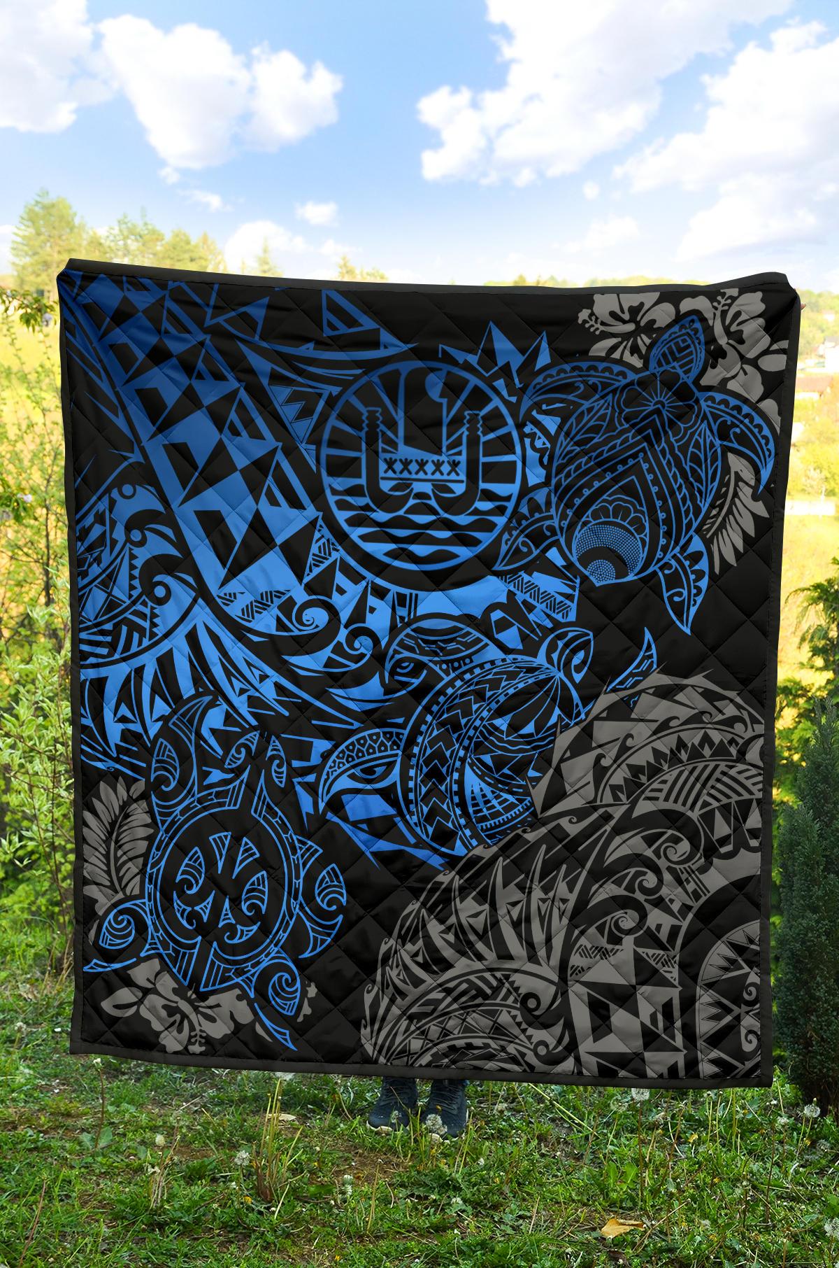 Tahiti Polynesian Premium Quilt - Blue Turtle Hibiscus Flowing - Polynesian Pride