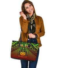 Polynesian Samoa Personalised Large Leather Tote Bag - Reggae Vintage Polynesian Patterns - Polynesian Pride