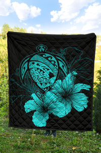 Hawaii Hibiscus Premium Quilt - Turtle Map - Turquoise - Polynesian Pride