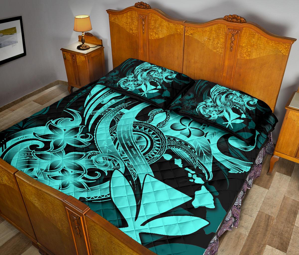 Hawaii Polynesian Quilt Bed Set - Blue Kanaka Maoli Tentacle Plumeria - Polynesian Pride
