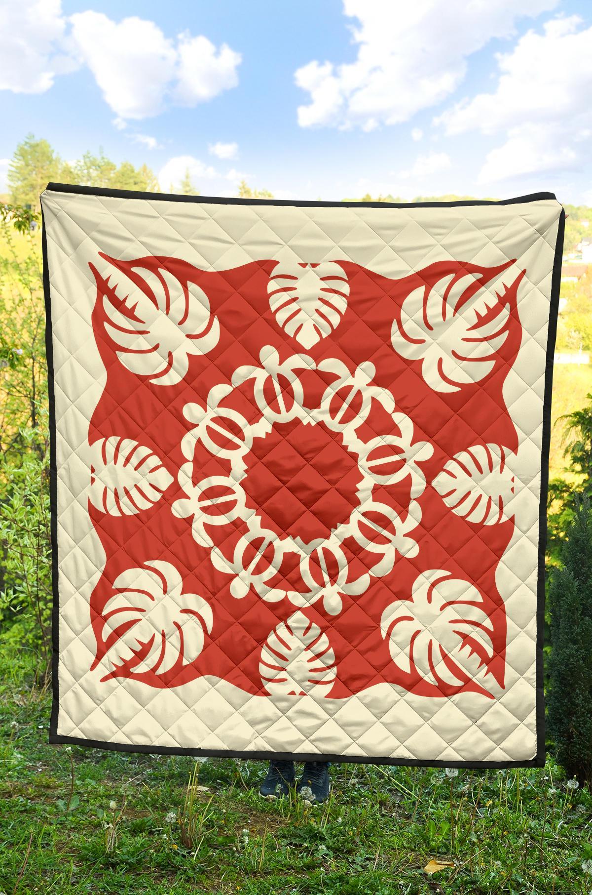 Hawaiian Turtle Coconut Pattern Premium Quilt - Red - Argu Style - AH - Polynesian Pride