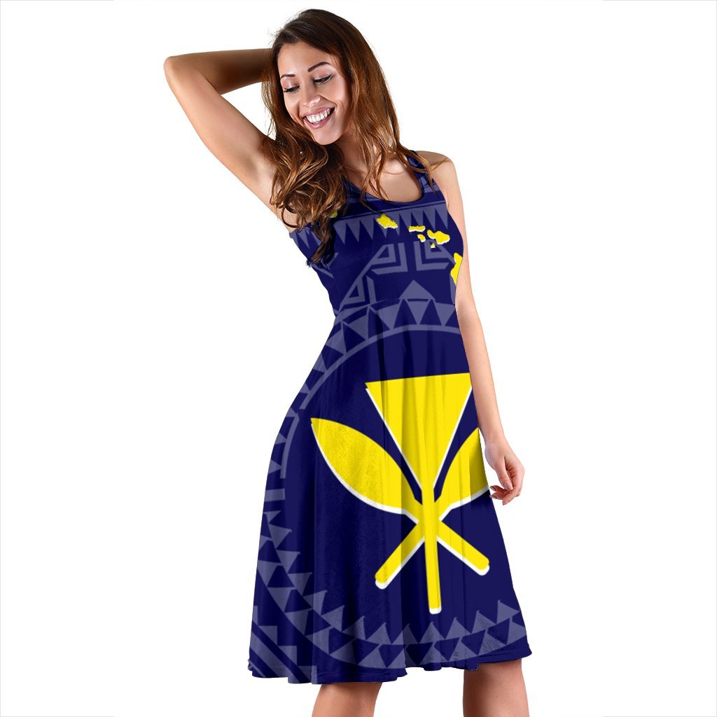 Hawaii Women's Dress - Hawaii Kanaka Maoli And Map ( Blue) - Polynesian Pride