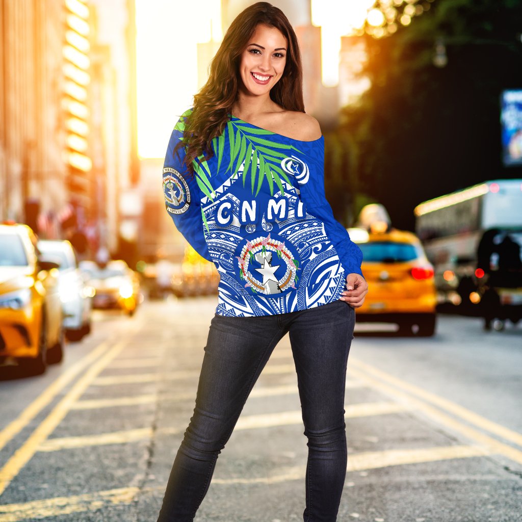 Northern Mariana Islands Rugby Off Shoulder Sweater Coconut Leaves - CNMI - Polynesian Pride