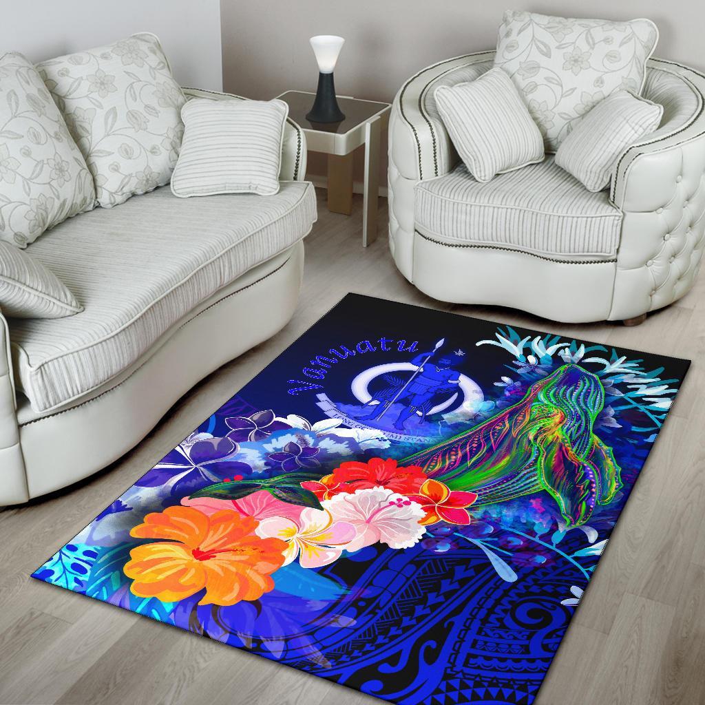 Vanuatu Area Rug - Humpback Whale with Tropical Flowers (Blue) - Polynesian Pride