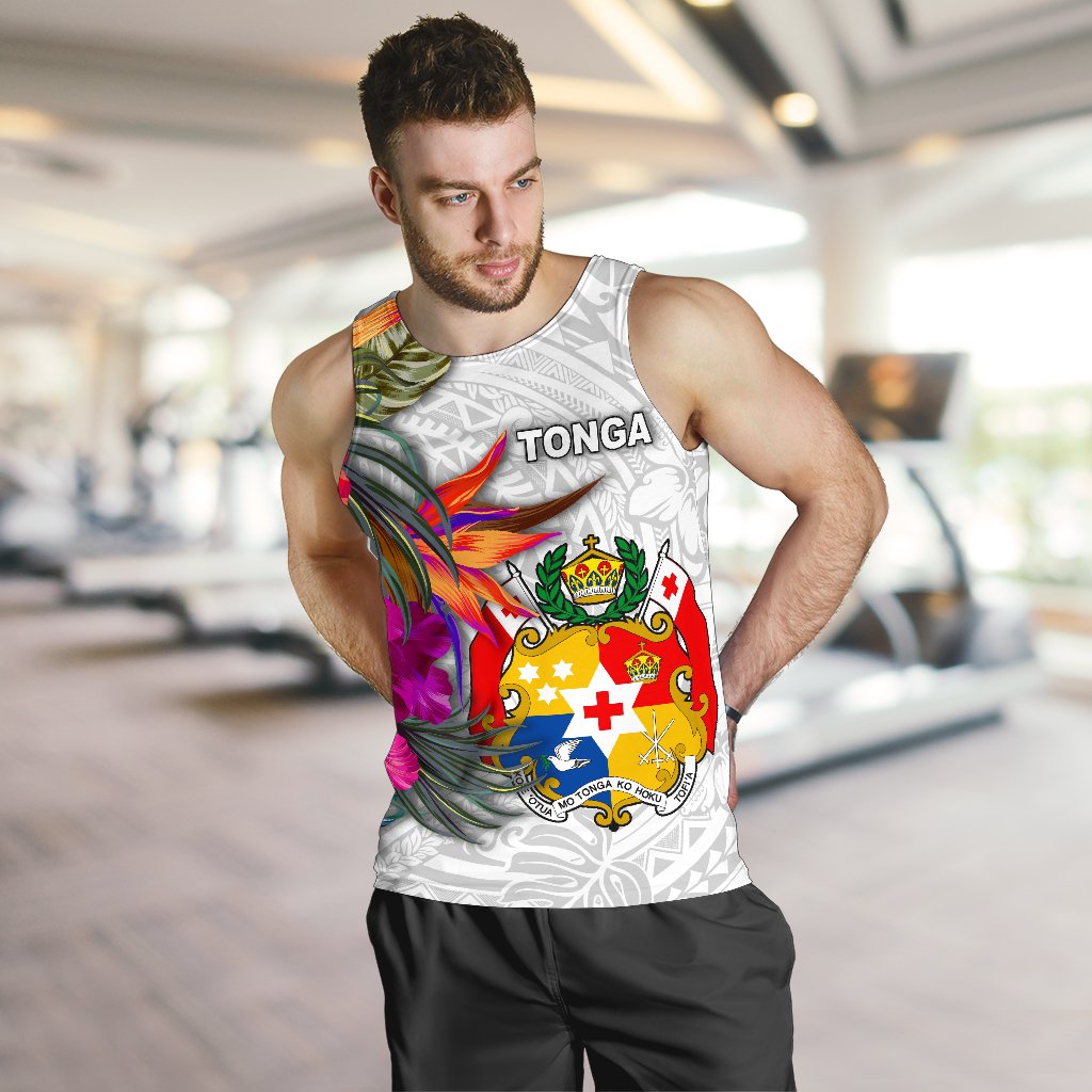 Tonga Men's Tank Top Polynesian Hibiscus White Pattern - Polynesian Pride