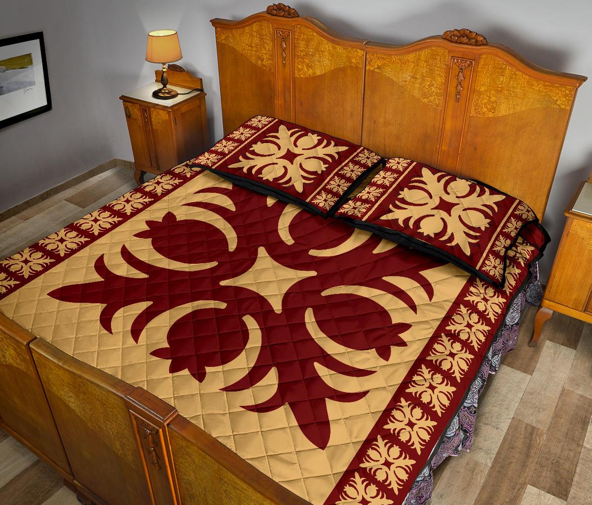 Hawaiian Quilt Pattern Flower And Plants Quilt Bed Set - Polynesian Pride