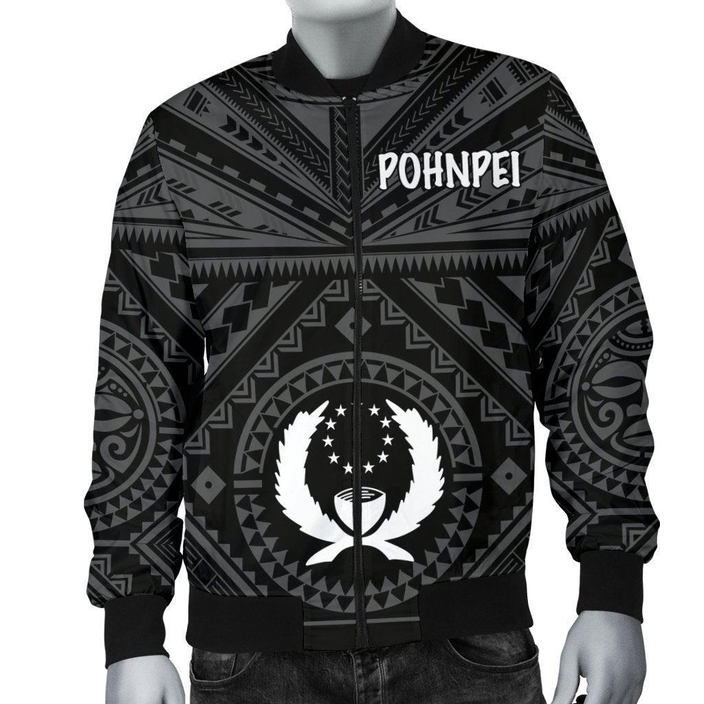 Pohnpei Men's Bomber Jacket - Pohnpei Seal With Polynesian Tattoo Style ( Black) Black - Polynesian Pride