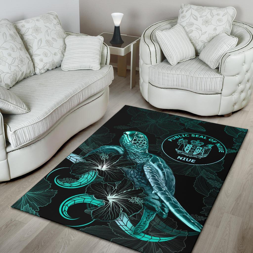 Niue Polynesian Area Rugs - Turtle With Blooming Hibiscus Turquoise - Polynesian Pride