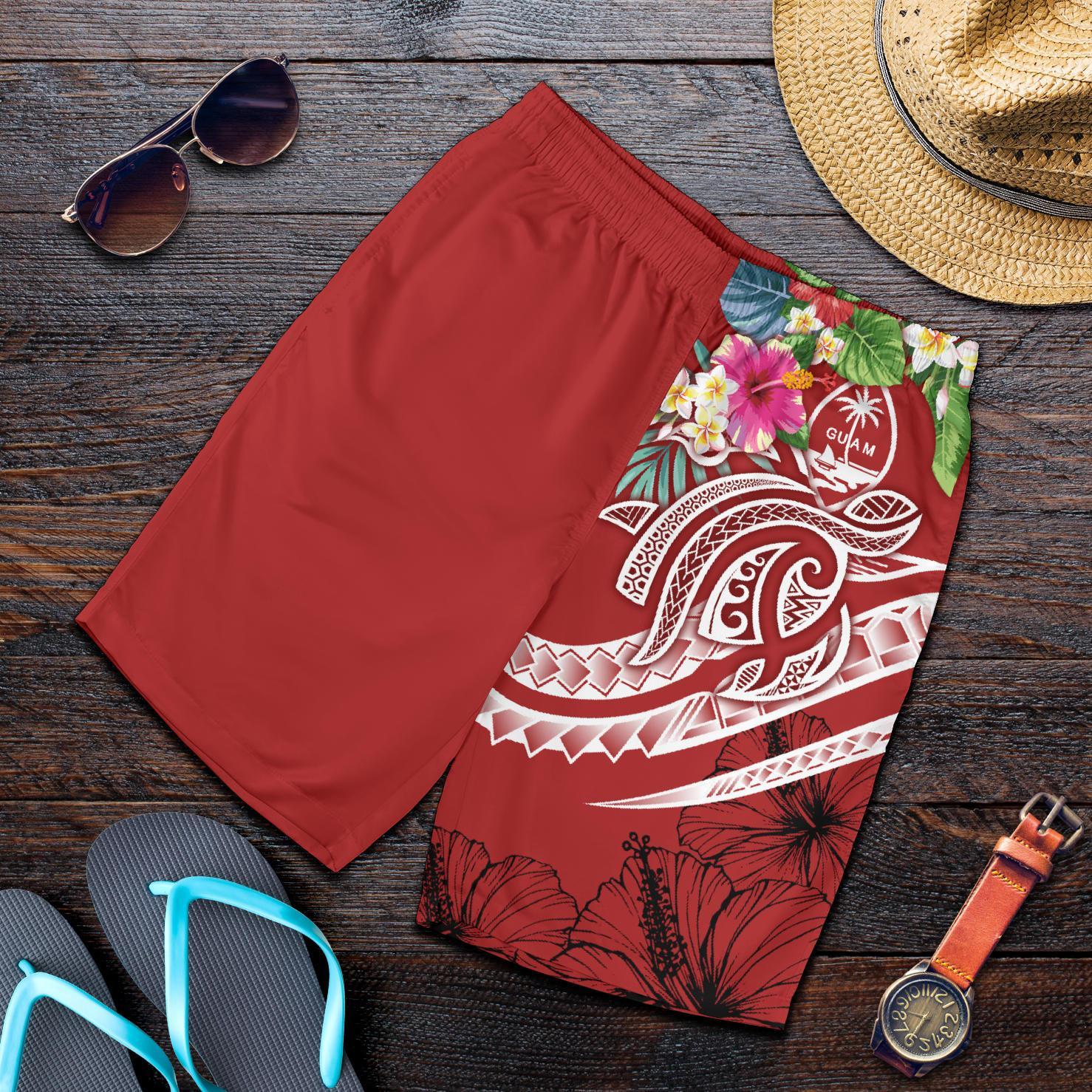 Guam Polynesian Men's Shorts - Summer Plumeria (Black) Red - Polynesian Pride