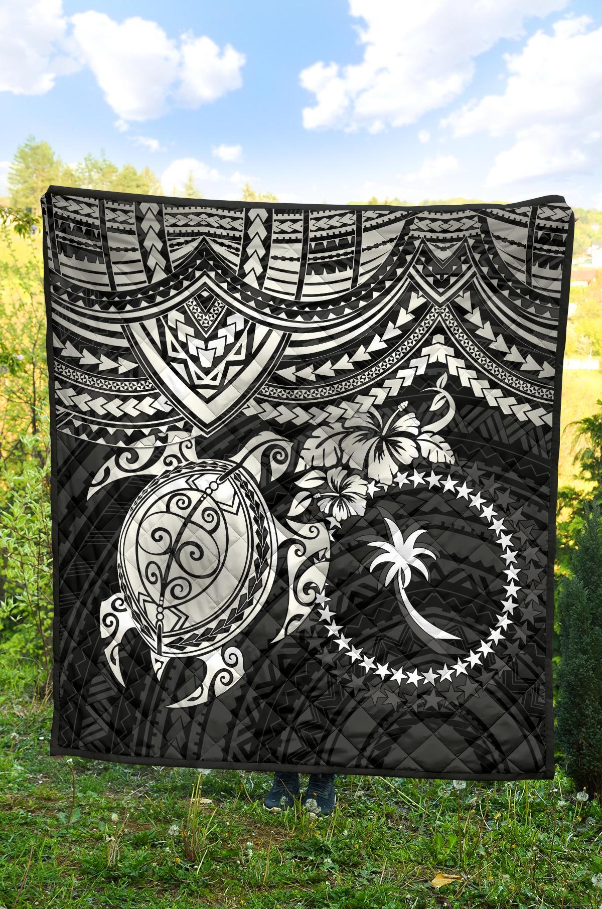 Chuuk Polynesian Premium Quilt - Chuuk Flag & White Turtle Hibiscus - Polynesian Pride