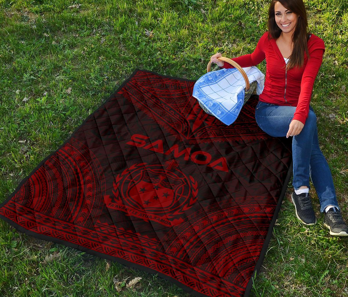 Samoa Premium Quilt - Samoa Coat Of Arms Polynesian Chief Dark Red Version - Polynesian Pride