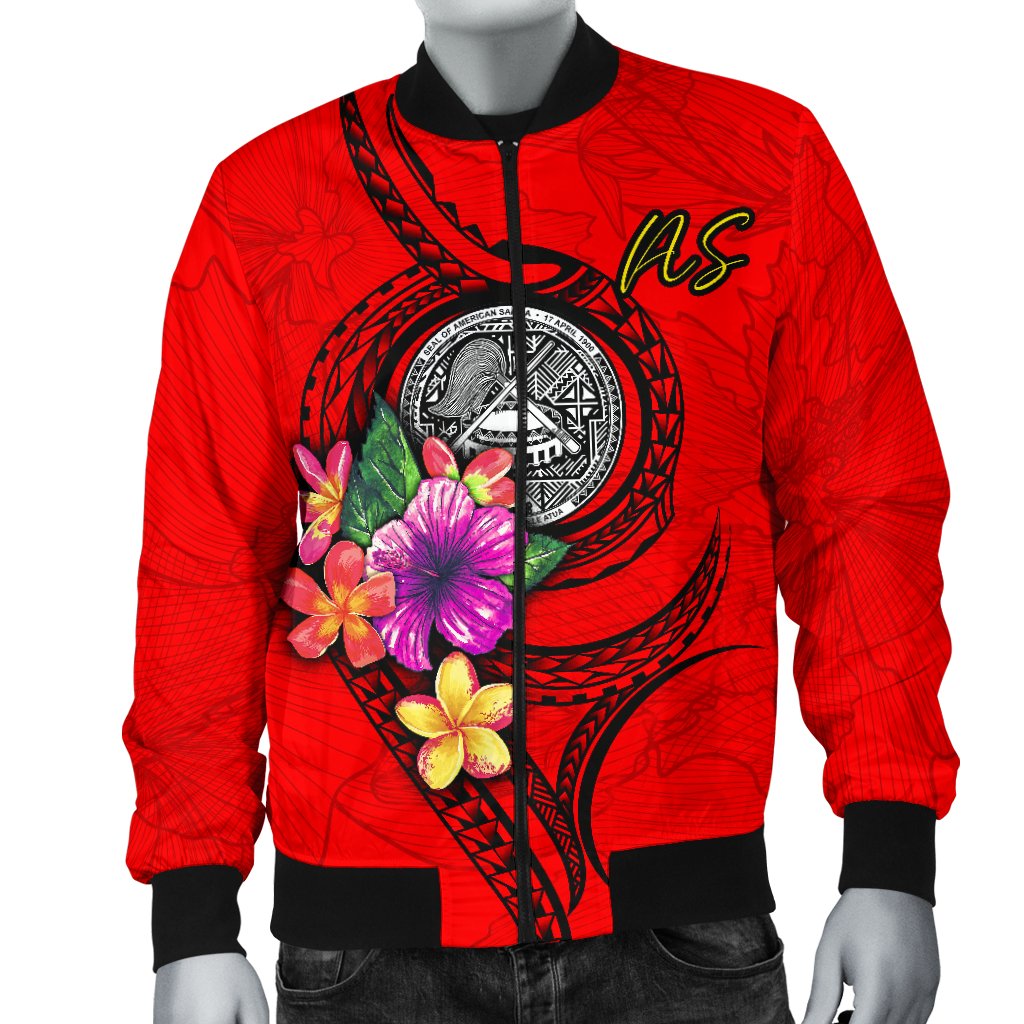 American Samoa Polynesian Men's Bomber Jacket - Floral With Seal Red - Polynesian Pride