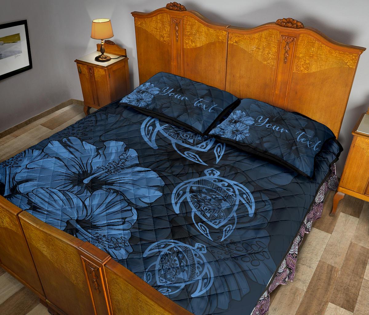 Personalized - Hawaii Map Turtles Hibiscus Quilt Bed Set - Pastel Blue - Polynesian Pride