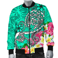 Polynesian Men's Bomber Jacket - Turtle Plumeria Turquoise Color - Polynesian Pride