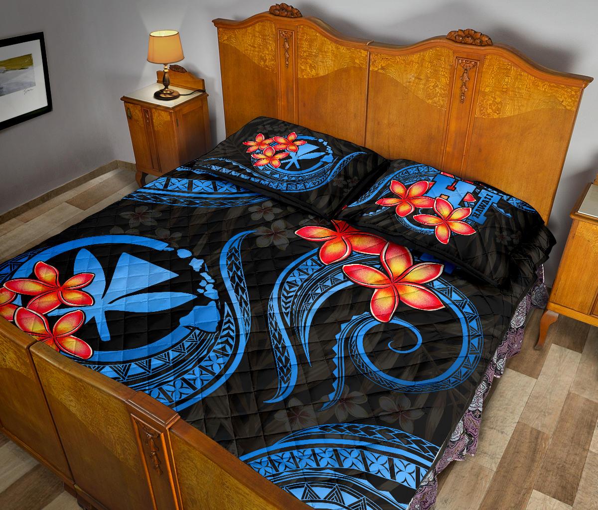 Polynesian Hawaii Quilt Bed Set - Blue Plumeria - Polynesian Pride