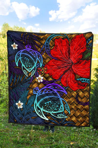Hawaii Lauhala Hibiscus Polynesian Tropical Blue Premium Quilt - Wake Style - AH - Polynesian Pride