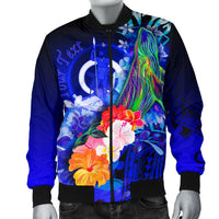 Vanuatu Custom Personalised Men's Bomber Jacket - Humpback Whale with Tropical Flowers (Blue) - Polynesian Pride