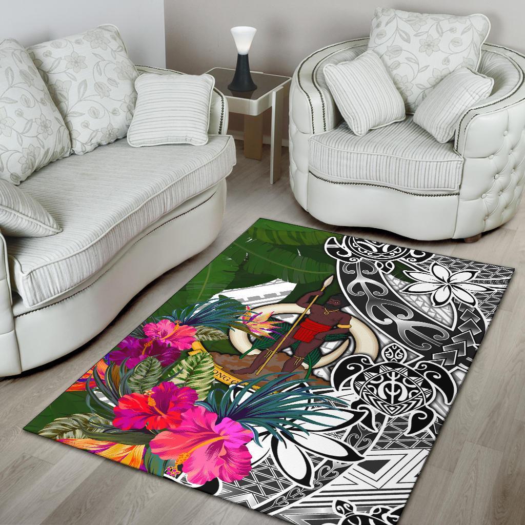 Vanuatu Area Rug White - Turtle Plumeria Banana Leaf - Polynesian Pride