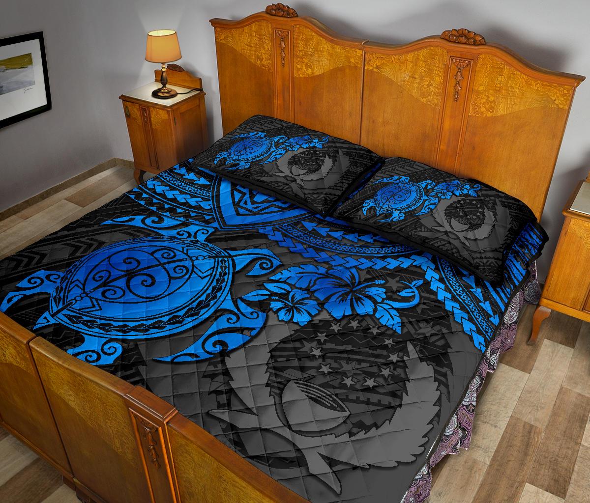 Pohnpei Polynesian Quilt Bed Set - Pohnpei Flag & Blue Turtle Hibiscus - Polynesian Pride