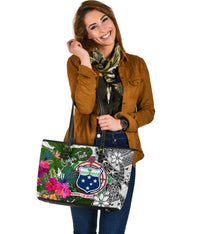 Samoa Custom Personalised Large Leather Tote White - Turtle Plumeria Banana Leaf - Polynesian Pride