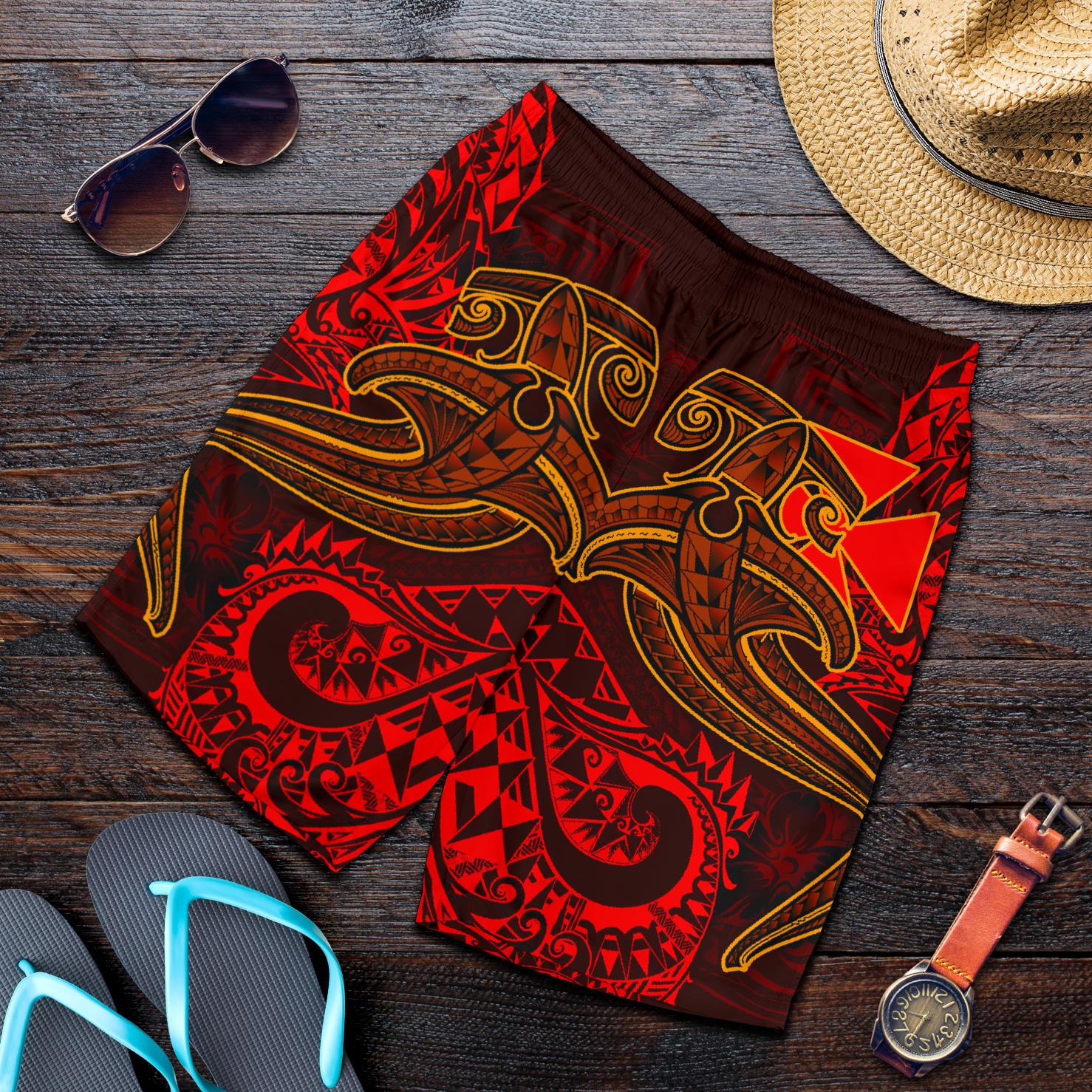 Polynesian Wallis and Futuna Men's Shorts - Red Shark Polynesian Tattoo Red - Polynesian Pride