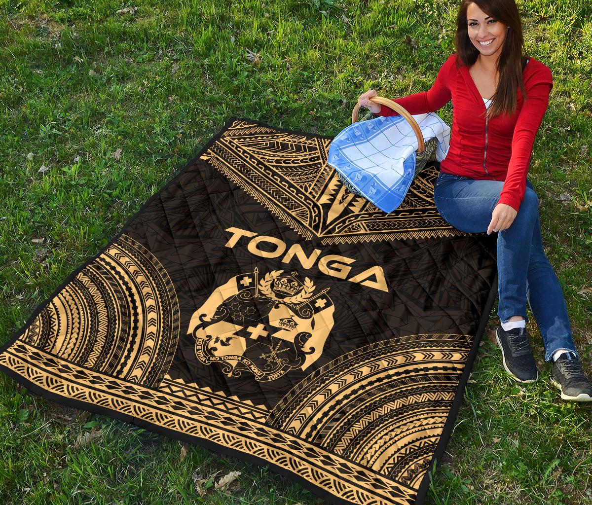 Tonga Premium Quilt - Tonga Coat Of Arms Polynesian Chief Gold Version - Polynesian Pride