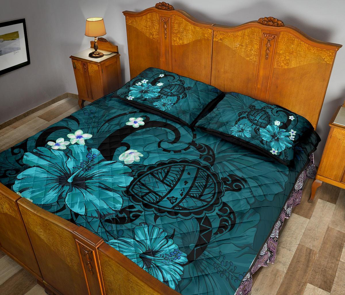 Hawaii Turtle Poly Tribal Quilt Bed Set - Turquoise - Polynesian Pride