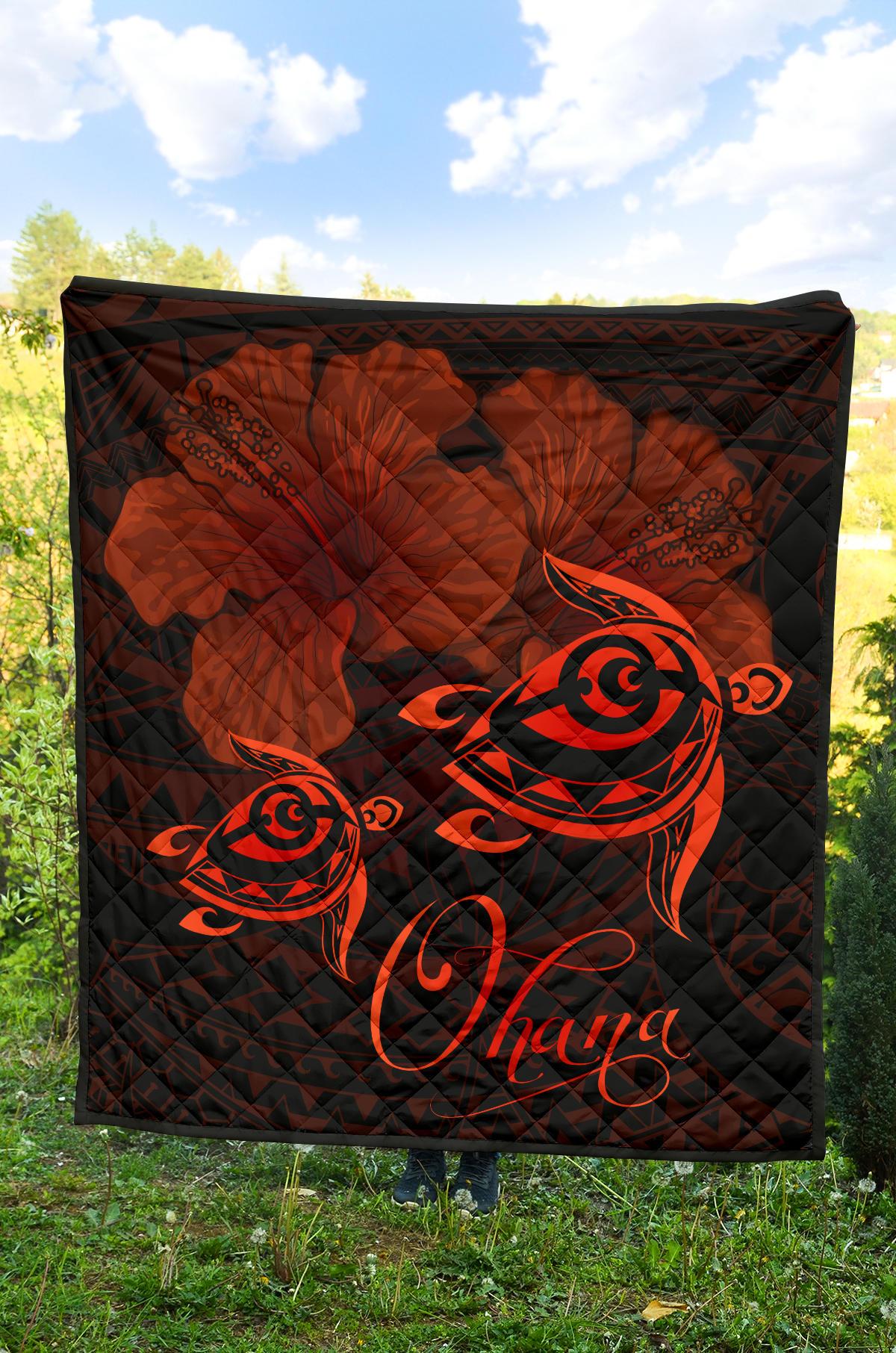 Hawaii Turtle Ohana Hibiscus Poly Premium Quilt Red - Polynesian Pride