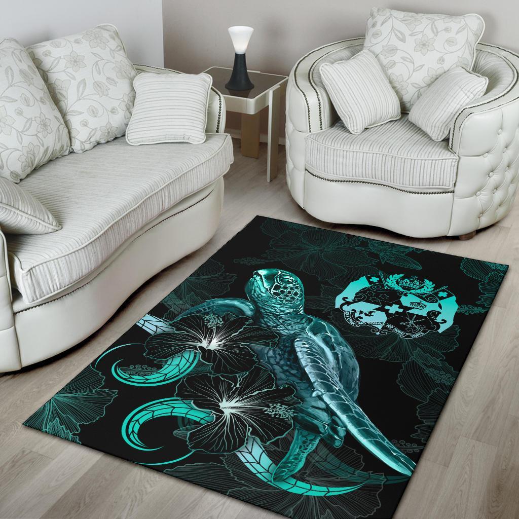 Tonga Polynesian Area Rugs - Turtle With Blooming Hibiscus Turquoise - Polynesian Pride