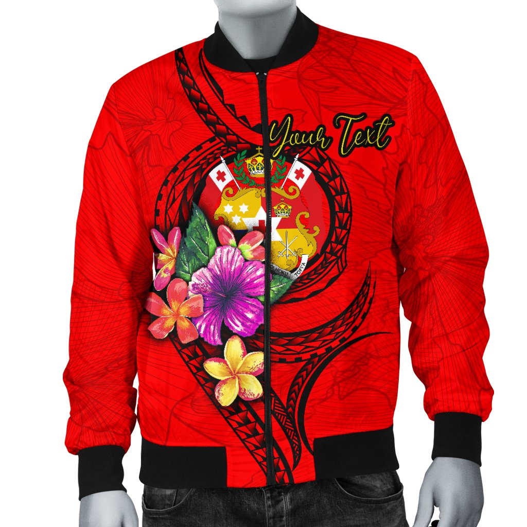 Tonga Polynesian Custom Personalised Men's Bomber Jacket - Floral With Seal Red - Polynesian Pride