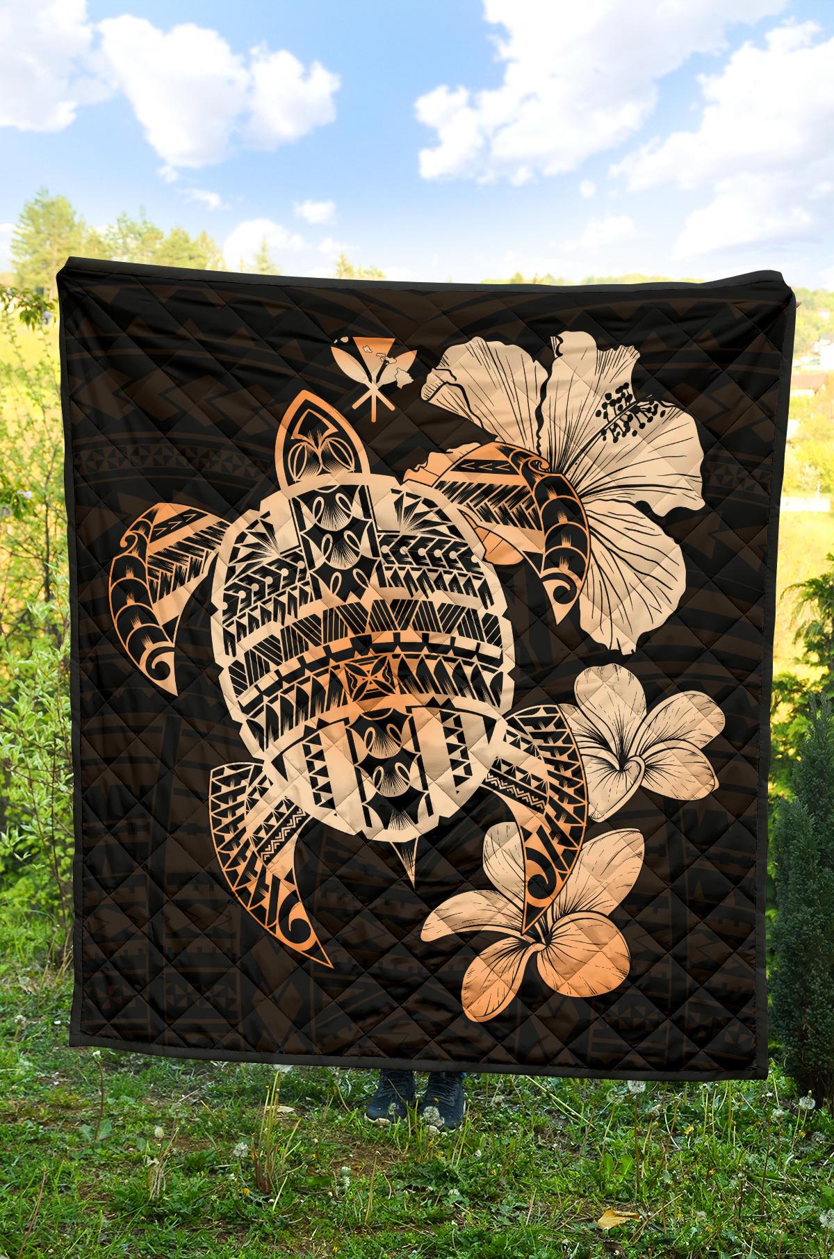 Hawaiian Kanaka Hibiscus Plumeria Mix Polynesian Turtle Premium Quilt Orange AH - Polynesian Pride