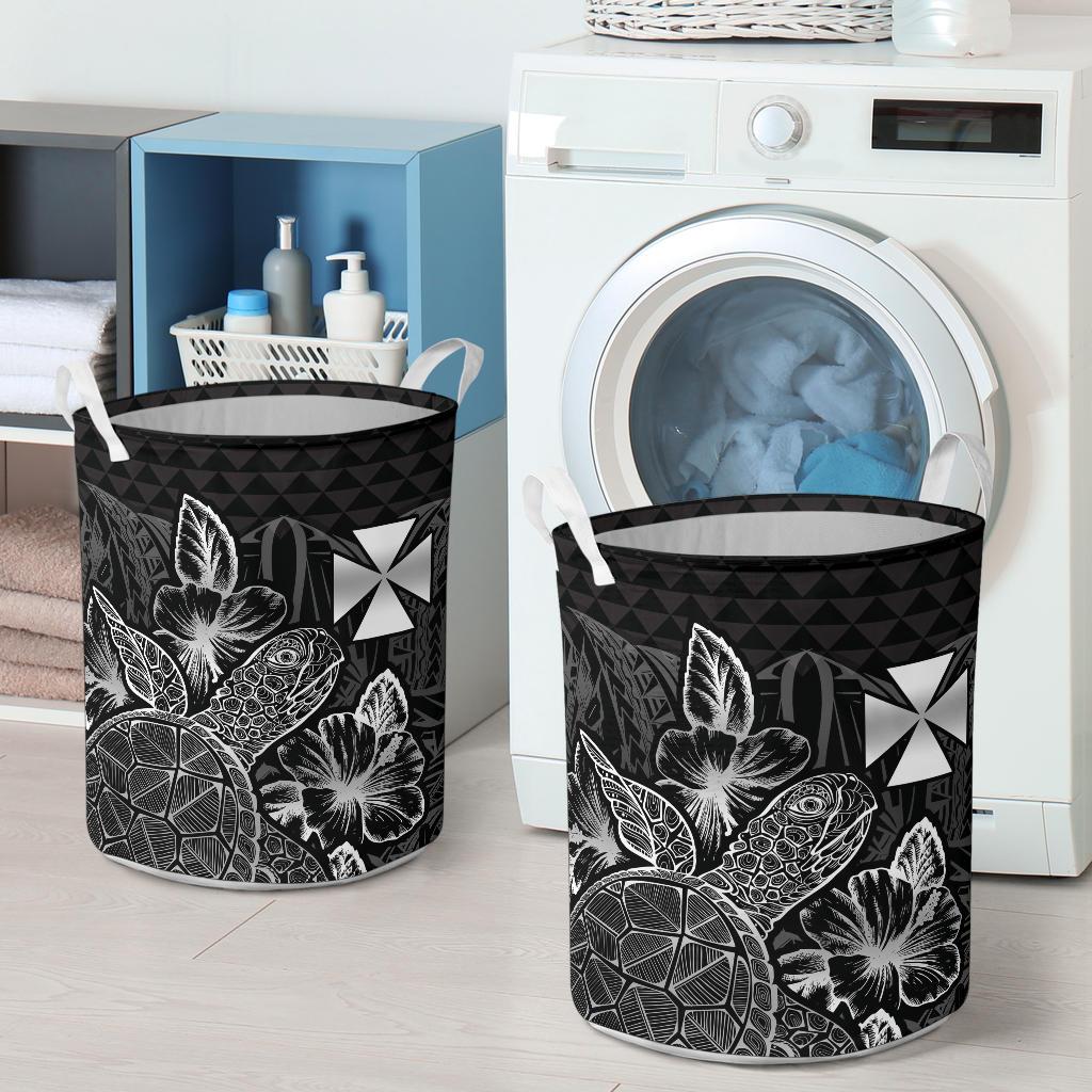 Wallis And Futuna Laundry Basket - Polynesian Turtle Hibiscus Black - Polynesian Pride
