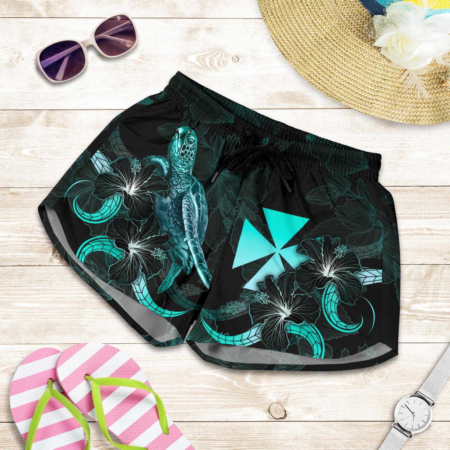 Wallis and Futuna Polynesian Women's Shorts - Turtle With Blooming Hibiscus Turquoise Women Turquoise - Polynesian Pride