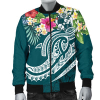 Tonga Polynesian Men's Bomber Jacket - Summer Plumeria (Turquoise) - Polynesian Pride