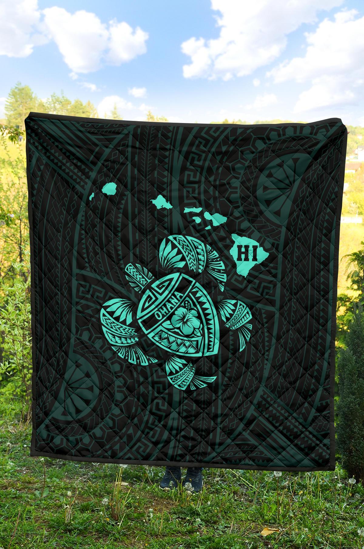 Hawaii Turtle Hibicus Map Premium Quilt - Turquoise - Polynesian Pride