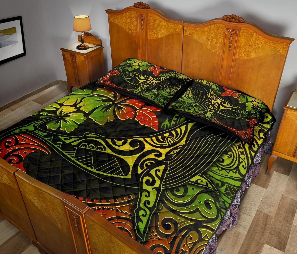 Hawaii Polynesian Quilt Bed Set - Hibiscus Humpback Whale - Polynesian Pride