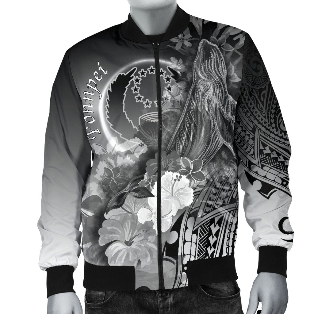 Pohnpei Men's Bomber Jacket - Humpback Whale with Tropical Flowers (White) - Polynesian Pride