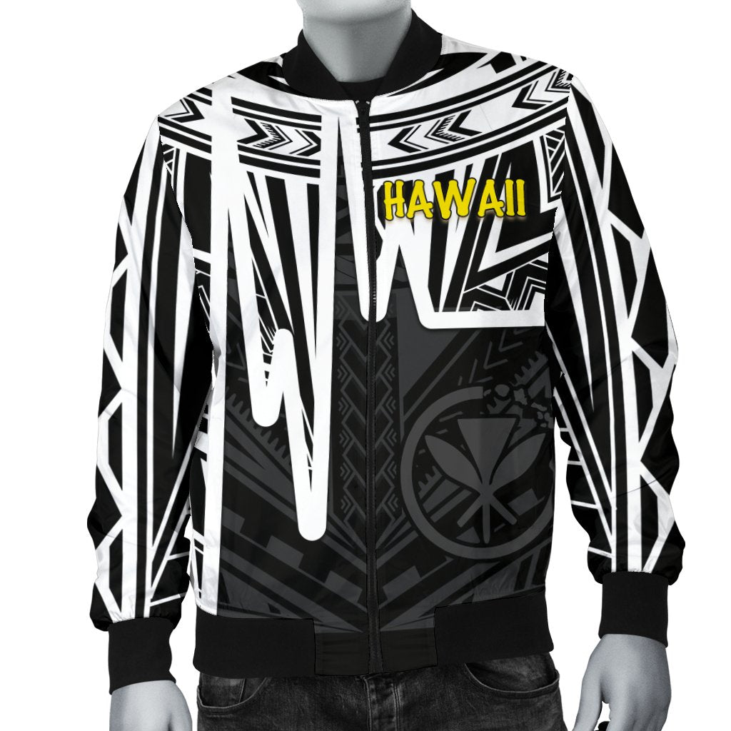 Hawaii Men's Bomber Jacket - Kanaka Maoli With Polynesian Pattern In Heartbeat Style (Black,White) - Polynesian Pride