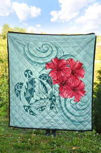 Hawaii Polynesian Turtle Hibiscus Blue Premium Quilt - Bless Style - Polynesian Pride