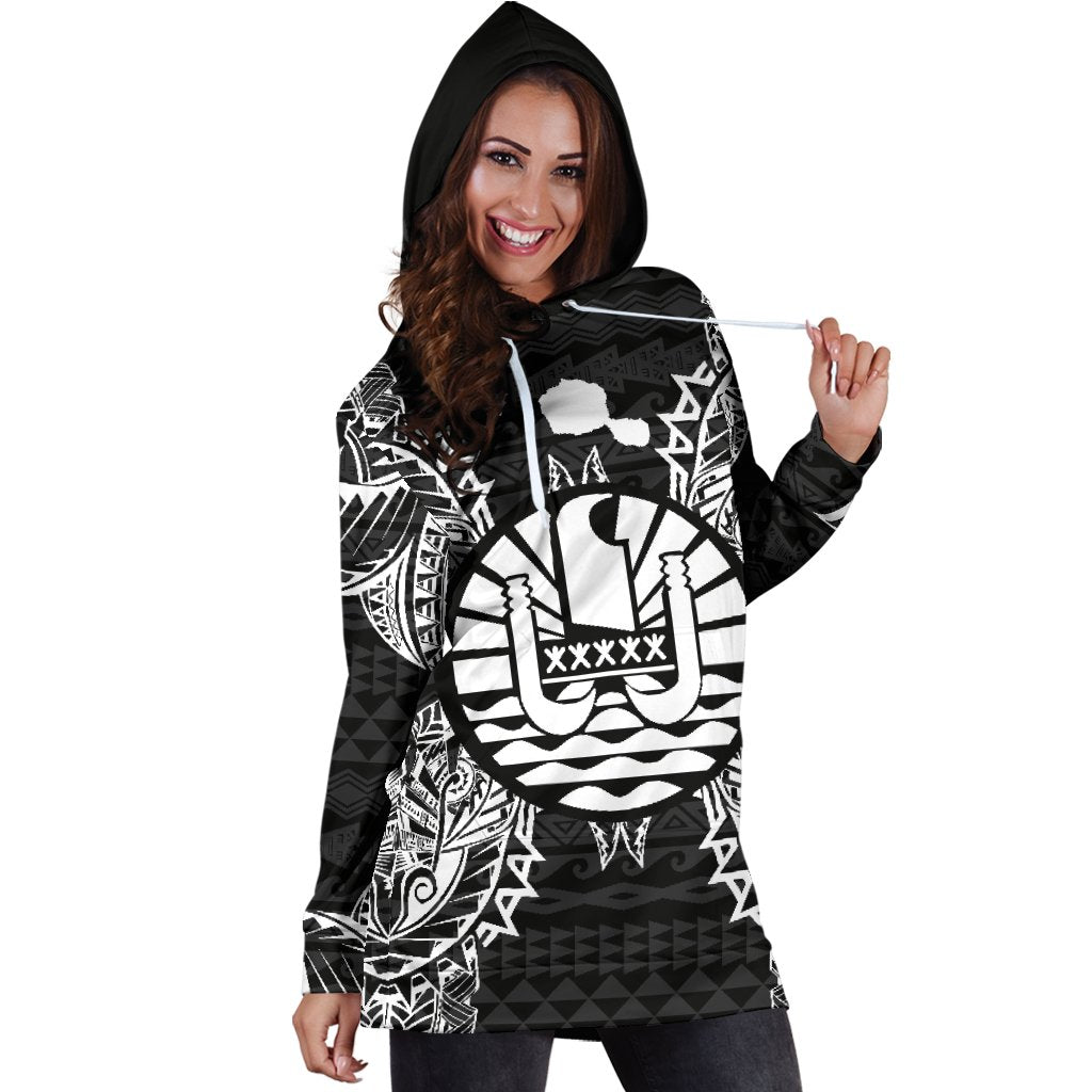 French Polynesia Polynesian Hoodie Dress Map Black - Polynesian Pride