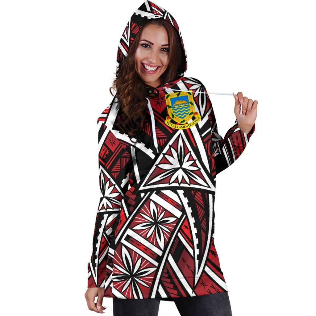 Tuvalu Women's Hoodie Dress - Tribal Flower Special Pattern Red Color - Polynesian Pride